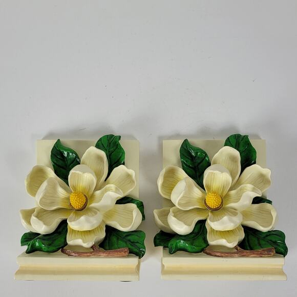Vintage 1995 CBK Magnolia Flower Blossom Bookends Heavy Resin Cast Hand Painted - Picture 10 of 14